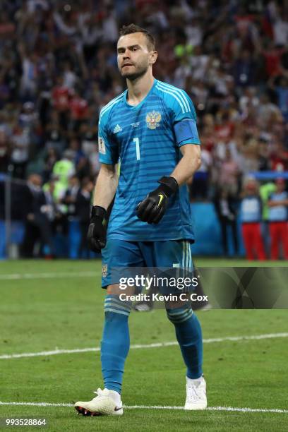 Igor Akinfeev of Russia celebrates after he saves the second penalty from Mateo Kovacic of Croatia in the penalty shoot out the 2018 FIFA World Cup...