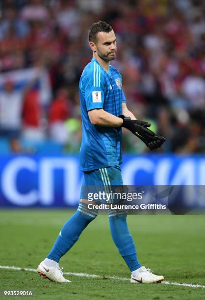 Igor Akinfeev of Russia looks on during the 2018 FIFA World Cup Russia Quarter Final match between Russia and Croatia at Fisht Stadium on July 7,...