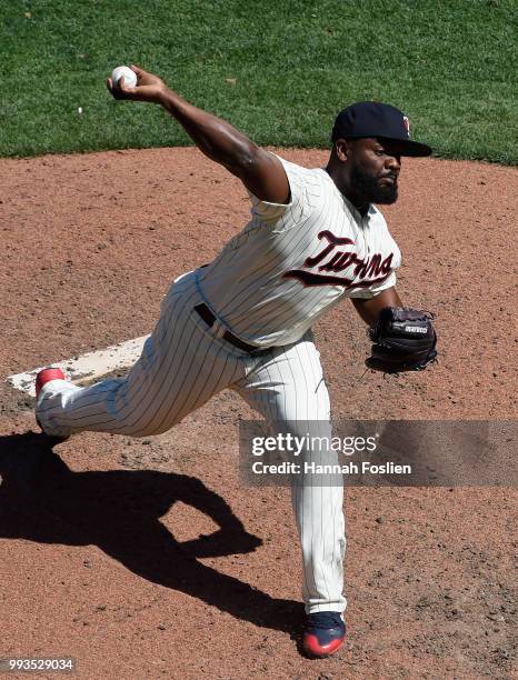 Fernando Rodney of the Minnesota Twins delivers a pitch against the Baltimore Orioles during the ninth inning of the game on July 7, 2018 at Target...