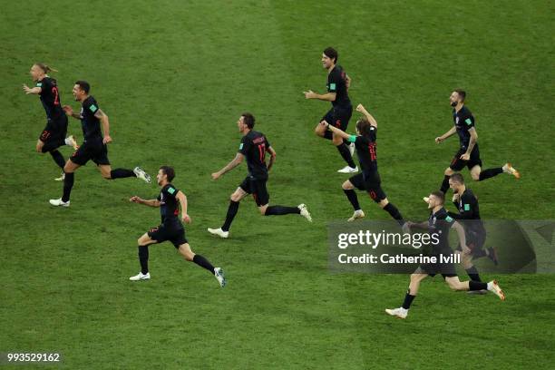 Croatia players celebrate winning the penalty shoot out during the 2018 FIFA World Cup Russia Quarter Final match between Russia and Croatia at Fisht...