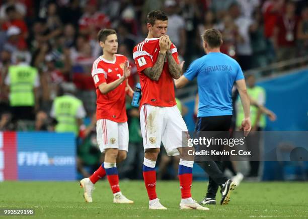 Fedor Smolov of Russia looks dejected following his sides defeat in the 2018 FIFA World Cup Russia Quarter Final match between Russia and Croatia at...