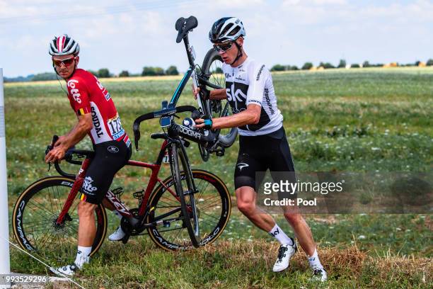 Christopher Froome of Great Britain and Team Sky / Crash / Jasper De Buyst of Belgium and Team Lotto Soudal / during the 105th Tour de France 2018,...