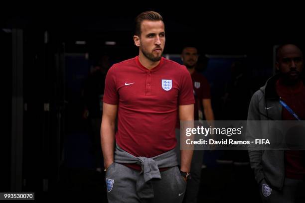 Harry Kane of England looks on as he arrives at the stadium ahead of the 2018 FIFA World Cup Russia Quarter Final match between Sweden and England at...