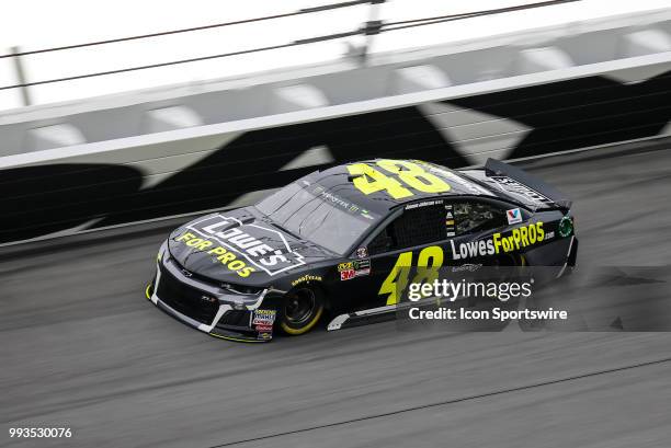 Jimmie Johnson, driver of the Lowes for Pros Chevrolet, makes a qualifying run during Coke Zero Sugar 400 qualifying on July 6, 2018 at Daytona...