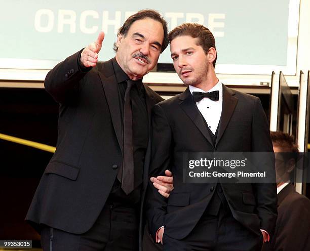 Director Oliver Stone and actor Shia LaBeouf attend the Premiere of 'Wall Street: Money Never Sleeps' held at the Palais des Festivals during the...