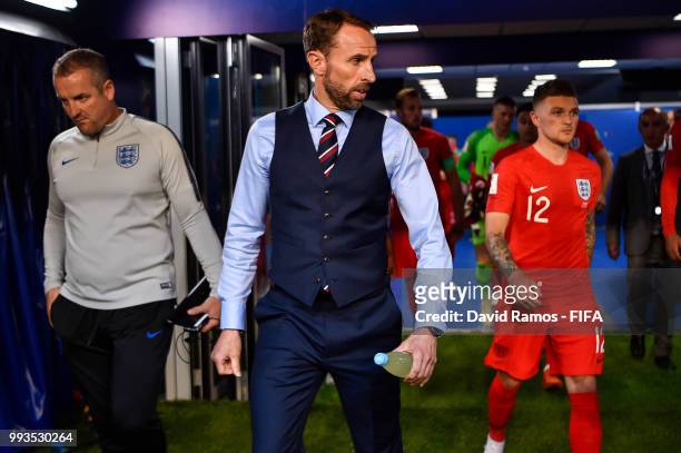 Gareth Southgate, Manager of England walks out for the second half of the 2018 FIFA World Cup Russia Quarter Final match between Sweden and England...