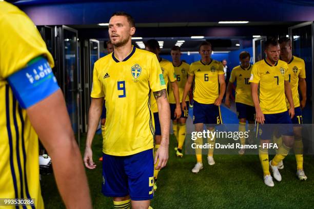 Sweden players walk out for the second half of the 2018 FIFA World Cup Russia Quarter Final match between Sweden and England at Samara Arena on July...