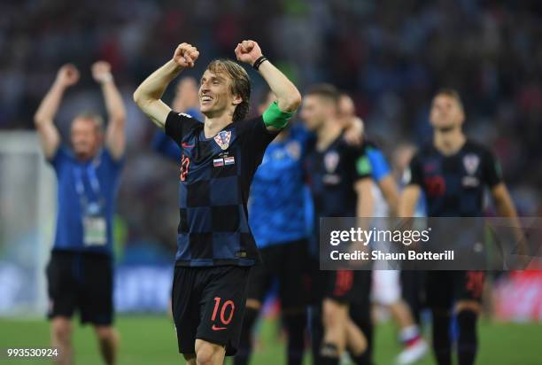 Luka Modric of Croatia celebrates following their sides victory during the 2018 FIFA World Cup Russia Quarter Final match between Russia and Croatia...