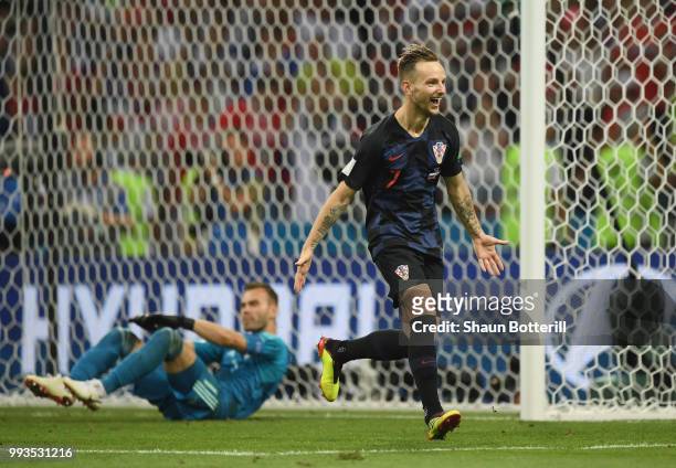 Ivan Rakitic of Croatia celebrates scoring the winning penalty during the 2018 FIFA World Cup Russia Quarter Final match between Russia and Croatia...