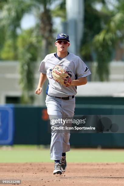 Sarasota, FL 2018 first round C draft pick Nick Schnell of the Rays trots off the field between innings during the Gulf Coast League game between the...