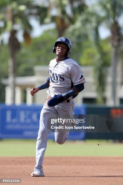Sarasota, FL Aldenis Sanchez of the Rays hustles around the bases during the Gulf Coast League game between the GCL Rays and the GCL Orioles on July...