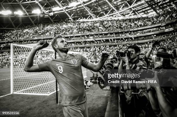 Harry Kane of England celebrates following his side victory in the 2018 FIFA World Cup Russia Quarter Final match between Sweden and England at...