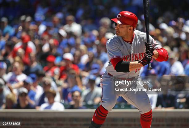 Joey Votto of the Cincinnati Reds bats against the Chicago Cubs at Wrigley Field on July 6, 2018 in Chicago, Illinois. The Reds defeated the Cubs 3-2.