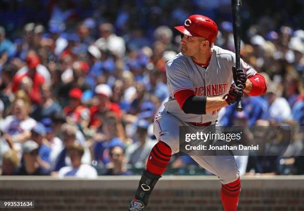 Joey Votto of the Cincinnati Reds bats against the Chicago Cubs at Wrigley Field on July 6, 2018 in Chicago, Illinois. The Reds defeated the Cubs 3-2.