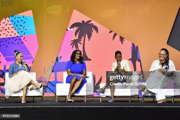 Mara Schiavocampo, Thasunda Brown Duckett, Luvvie Ajayi and Lisa Price speak onstage during the 2018 Essence Festival presented by Coca-Cola at...