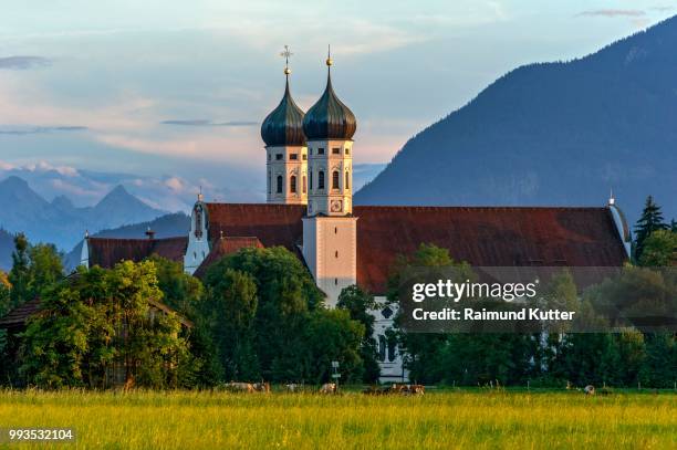 basilica of st benedict, benedictine monastery benediktbeuern, rear right herzogstand of the alps, in the back arnspitze group in wetterstein range of the alps, benediktbeuern, upper bavaria, bavaria, germany - werdenfels photos et images de collection