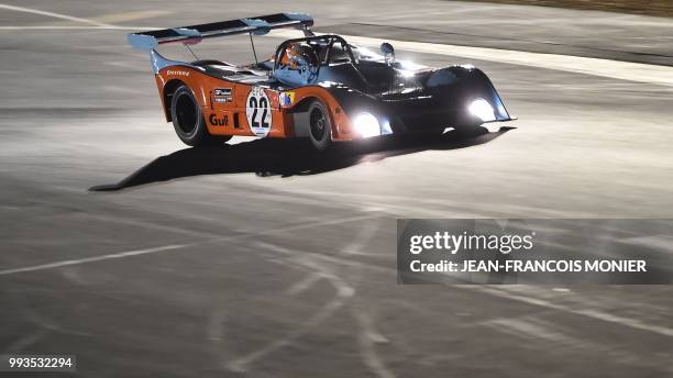 German driver Roald Goethe competes in his 1973s Mirage Gr7 during a race for cars from 1972 to 1981, and takes part in the ninth edition of Le Mans...