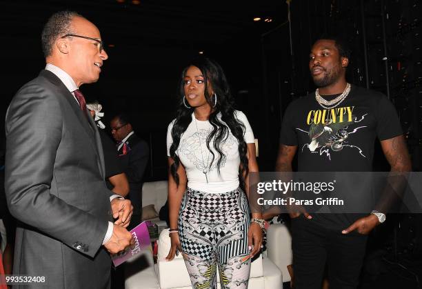 Lester Holt, Remy Ma and Meek Mill attend the 2018 Essence Festival presented by Coca-Cola at Ernest N. Morial Convention Center on July 7, 2018 in...