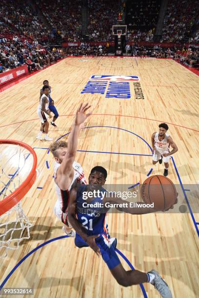 Damyean Dotson of the New York Knicks goes to the basket against the Atlanta Hawks during the 2018 Las Vegas Summer League on July 7, 2018 at the...