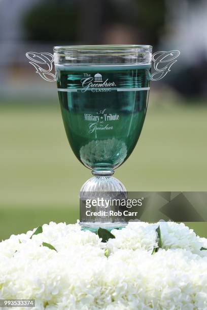 The trophy sits on the 18th tee box during round three of A Military Tribute At The Greenbrier held at the Old White TPC course on July 7, 2018 in...