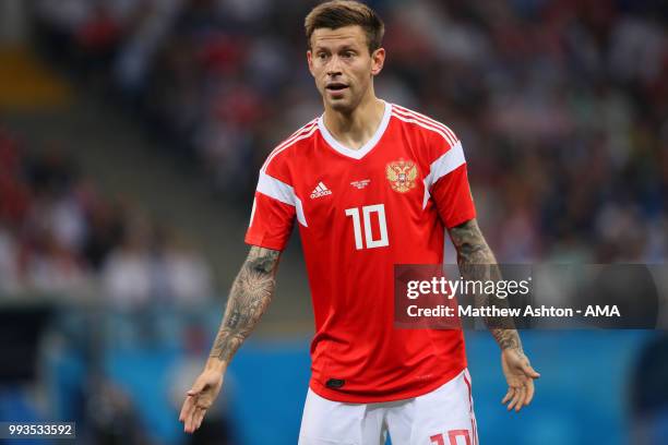 Fedor Smolov of Russia in action during the 2018 FIFA World Cup Russia Quarter Final match between Russia and Croatia at Fisht Stadium on July 7,...