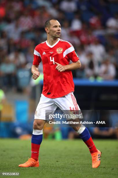 Sergey Ignashevich of Russia in action during the 2018 FIFA World Cup Russia Quarter Final match between Russia and Croatia at Fisht Stadium on July...