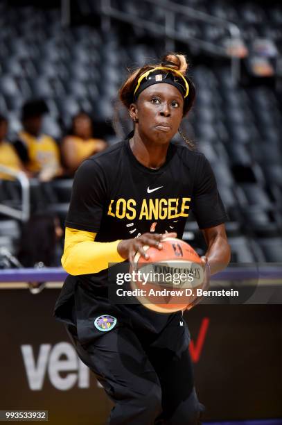 Essence Carson of the Los Angeles Sparks warms up prior to the game against the Washington Mystics on July 7, 2018 at STAPLES Center in Los Angeles,...