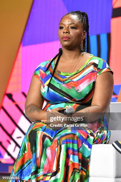 Patrisse Cullors speaks onstage during the 2018 Essence Festival presented by Coca-Cola at Ernest N. Morial Convention Center on July 7, 2018 in New...