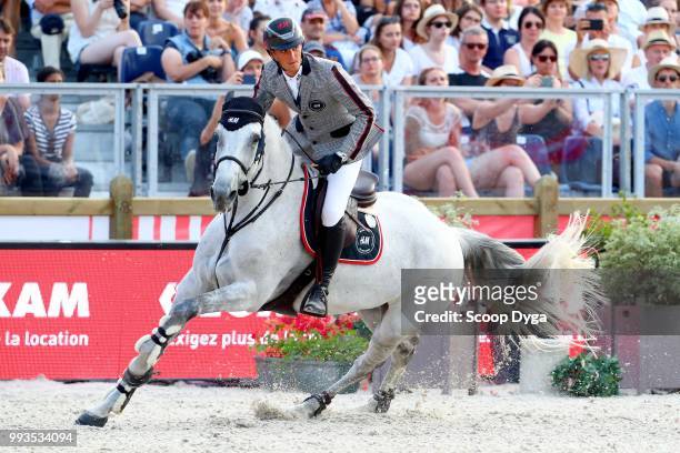 Olivier Philippaerts riding H&M Legend of Love competes in the Global Champions Tour Grand Prix of Paris at Champ de Mars on July 7, 2018 in Paris,...