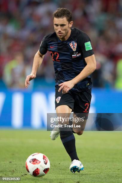 Josip Pivaric of Croatia drives the ball during the 2018 FIFA World Cup Russia Quarter Final match between Russia and Croatia at Fisht Stadium on...