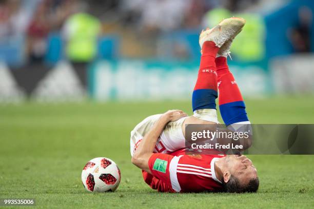 Artem Dzyuba of Russia reacts after being fouled during the 2018 FIFA World Cup Russia Quarter Final match between Russia and Croatia at Fisht...