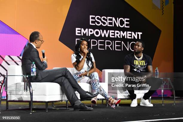 Lester Holt, Remy Ma and Meek Mill speak onstage at the 2018 Essence Festival presented by Coca-Cola at Ernest N. Morial Convention Center on July 7,...