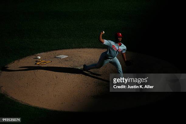 Seranthony Dominguez of the Philadelphia Phillies pitches in the eighth inning against the Pittsburgh Pirates at PNC Park on July 7, 2018 in...