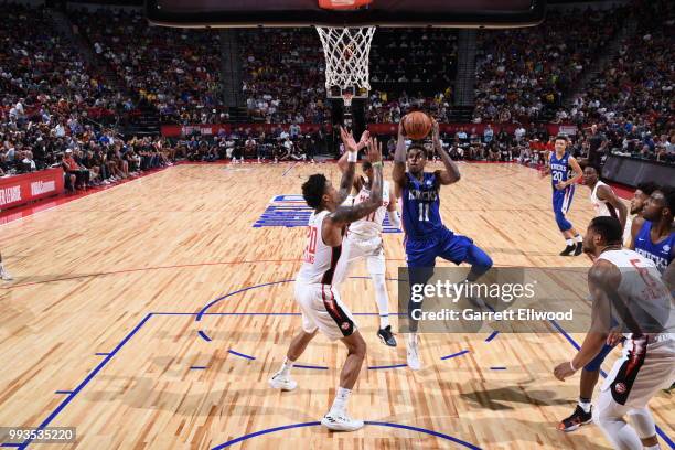 Frank Ntilikina of the New York Knicks shoots the ball against the Atlanta Hawks during the 2018 Las Vegas Summer League on July 7, 2018 at the...