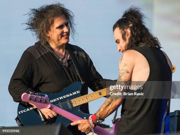 Robert Smith and Simon Gallup of The Cure perform live at Barclaycard present British Summer Time Hyde Park at Hyde Park on July 7, 2018 in London,...