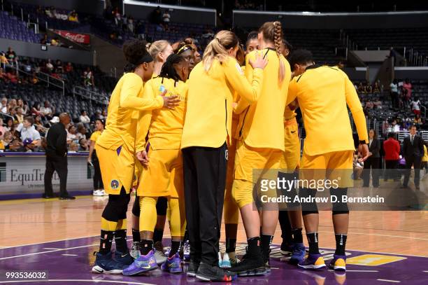The Los Angeles Sparks huddle prior to the game against the Washington Mystics on July 7, 2018 at STAPLES Center in Los Angeles, California. NOTE TO...