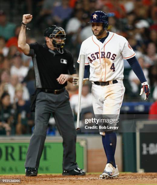 George Springer of the Houston Astros strikes out in the seventh inning against the Chicago White Sox at Minute Maid Park on July 7, 2018 in Houston,...