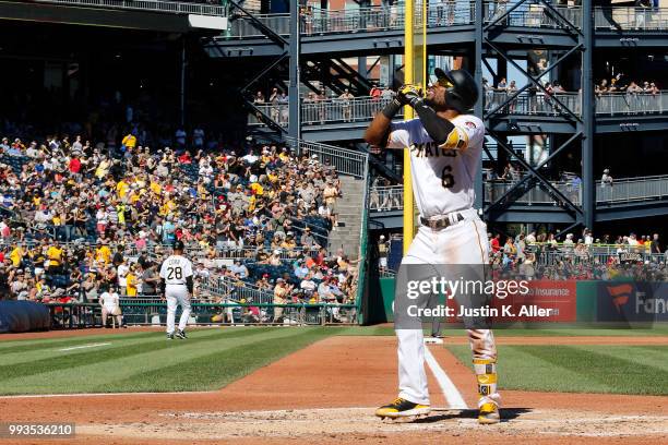 Starling Marte of the Pittsburgh Pirates reacts after hitting a home run in the third inning against the Philadelphia Phillies at PNC Park on July 7,...