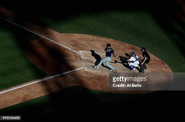 Wilson Ramos of the Tampa Bay Rays drives in a run in the fifth inning against the New York Mets during their game at Citi Field on July 7, 2018 in...