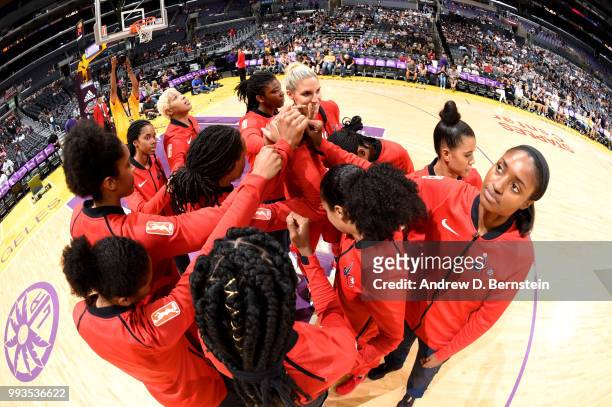 The Washington Mystics huddle prior to the game against the Los Angeles Sparks on July 7, 2018 at STAPLES Center in Los Angeles, California. NOTE TO...