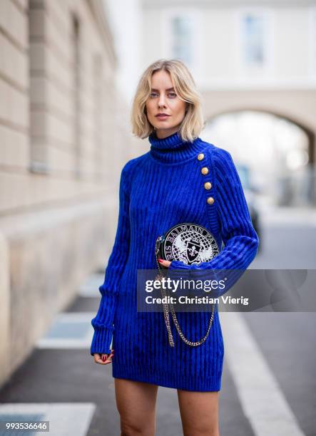 Lisa Hahnbueck wearing blue knit dress Balmain, round Balmain bag, Louis Vuitton high heels during the Berlin Fashion Week July 2018 on July 6, 2018...