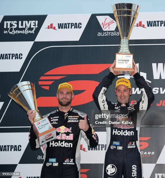 Shane Van Gisbergen driver of the Red Bull Holden Racing Team Holden Commodore ZB and Jamie Whincup driver of the Red Bull Holden Racing Team Holden...