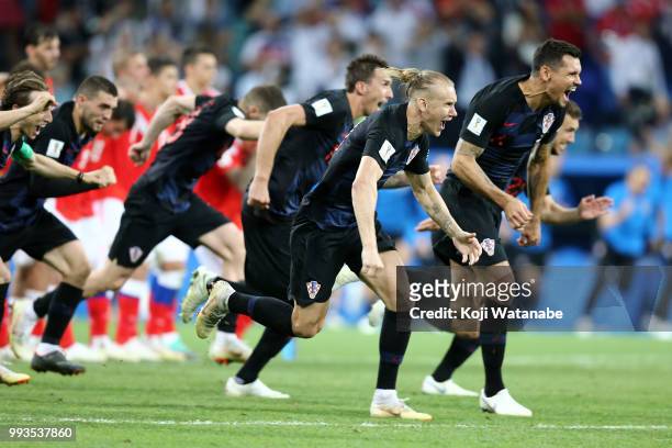 Croatia players celebrate winning the penalty shoot out during the 2018 FIFA World Cup Russia Quarter Final match between Russia and Croatia at Fisht...