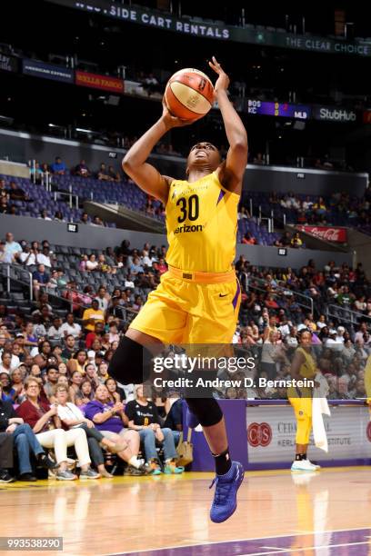 Nneka Ogwumike of the Los Angeles Sparks shoots the ball against the Washington Mystics on July 7, 2018 at STAPLES Center in Los Angeles, California....