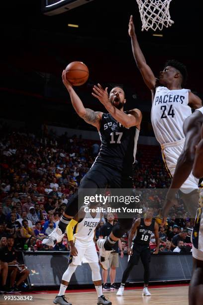 Trey McKinney-Jones of the San Antonio Spurs goes to the basket against the Indiana Pacers during the 2018 Las Vegas Summer League on July 7, 2018 at...