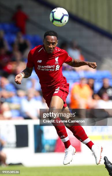 Nathaniel Clyne of Liverpool heads the ball during the Pre-season friendly between Chester FC and Liverpool on July 7, 2018 in Chester, United...