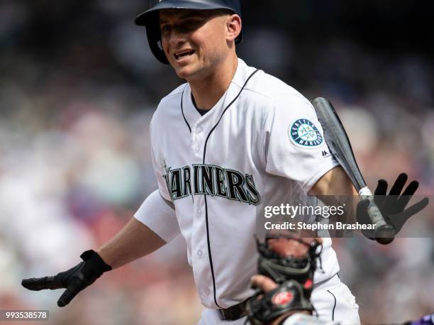 Kyle Seager of the Seattle Mariners reacts between pitches during an at-bat in eighth inning of a game against the Colorado Rockies at Safeco Field...