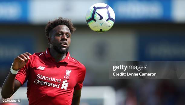 Divock Origi of Liverpool looks at the ball during the Pre-season friendly between Chester FC and Liverpool on July 7, 2018 in Chester, United...