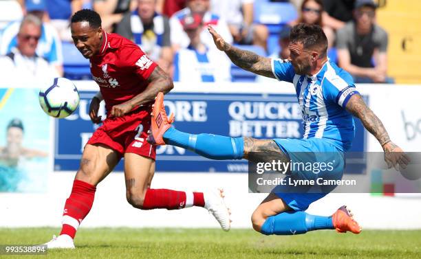 Nathaniel Clyne of Liverpool tries to defend during the Pre-season friendly between Chester FC and Liverpool on July 7, 2018 in Chester, United...