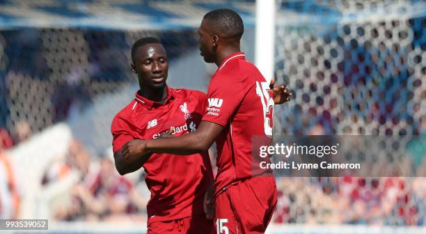 Daniel Sturridge of Liverpool celebrates with Naby Keita of Liverpool during the Pre-season friendly between Chester FC and Liverpool on July 7, 2018...